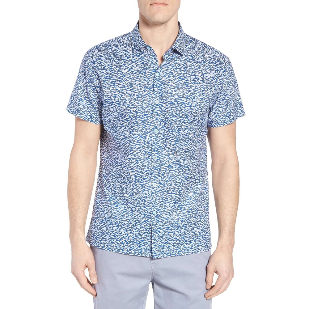Tori Richard Mens XL Shark Print Cotton Lawn Aloha Shirt Blue White 1956 6892